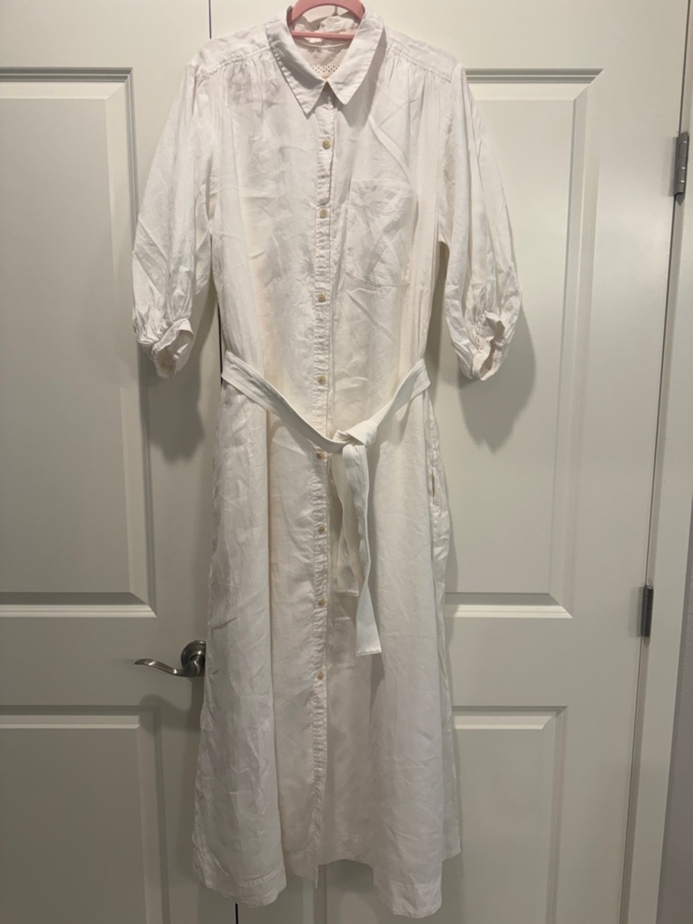 Anthropologie White Button-Front Midi Shirt Dress with Tie Waist